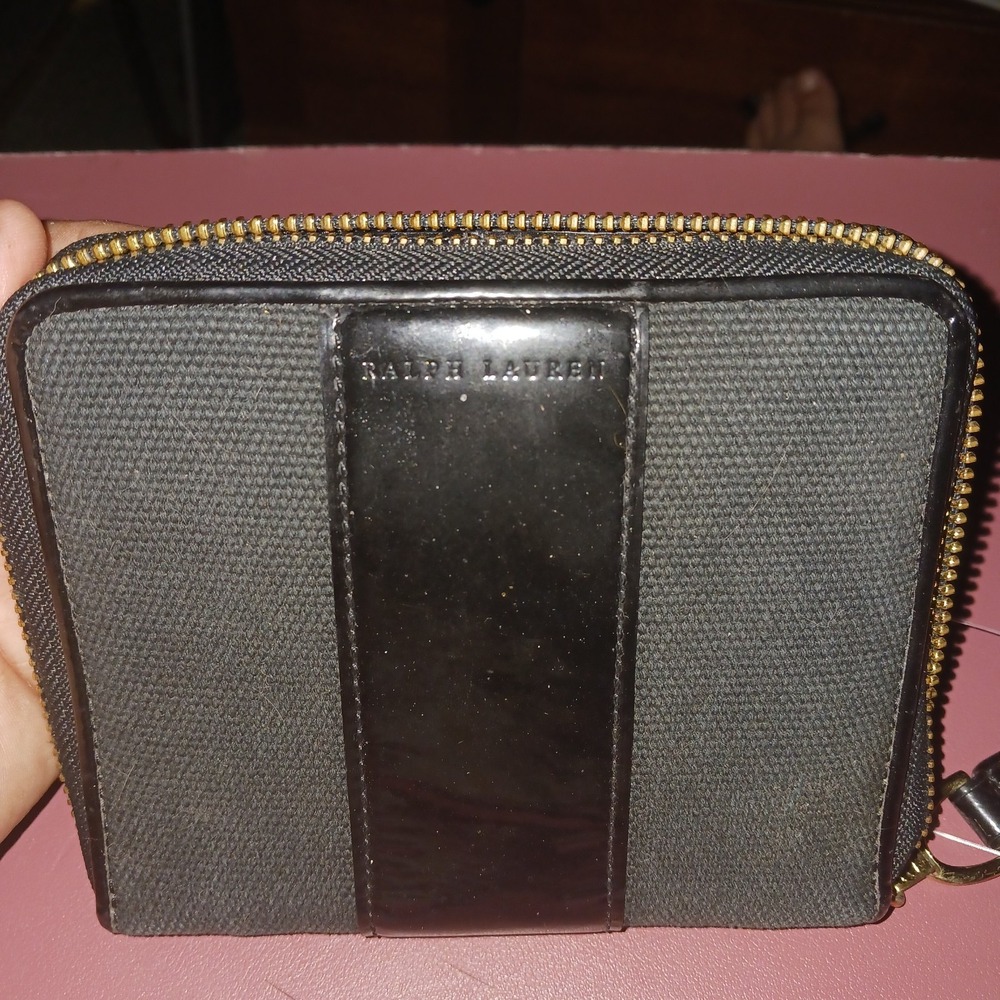 Vintage Y2K Ralph Lauren Bifold Wallet Large Black Canvas & Patent Faux Leather